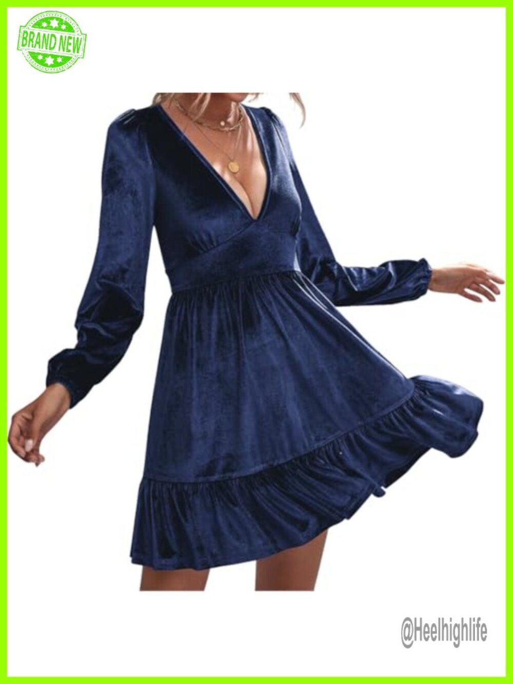 Women's Velvet Long Sleeve V-Neck Ruffle Hem Mini Cocktail Dress